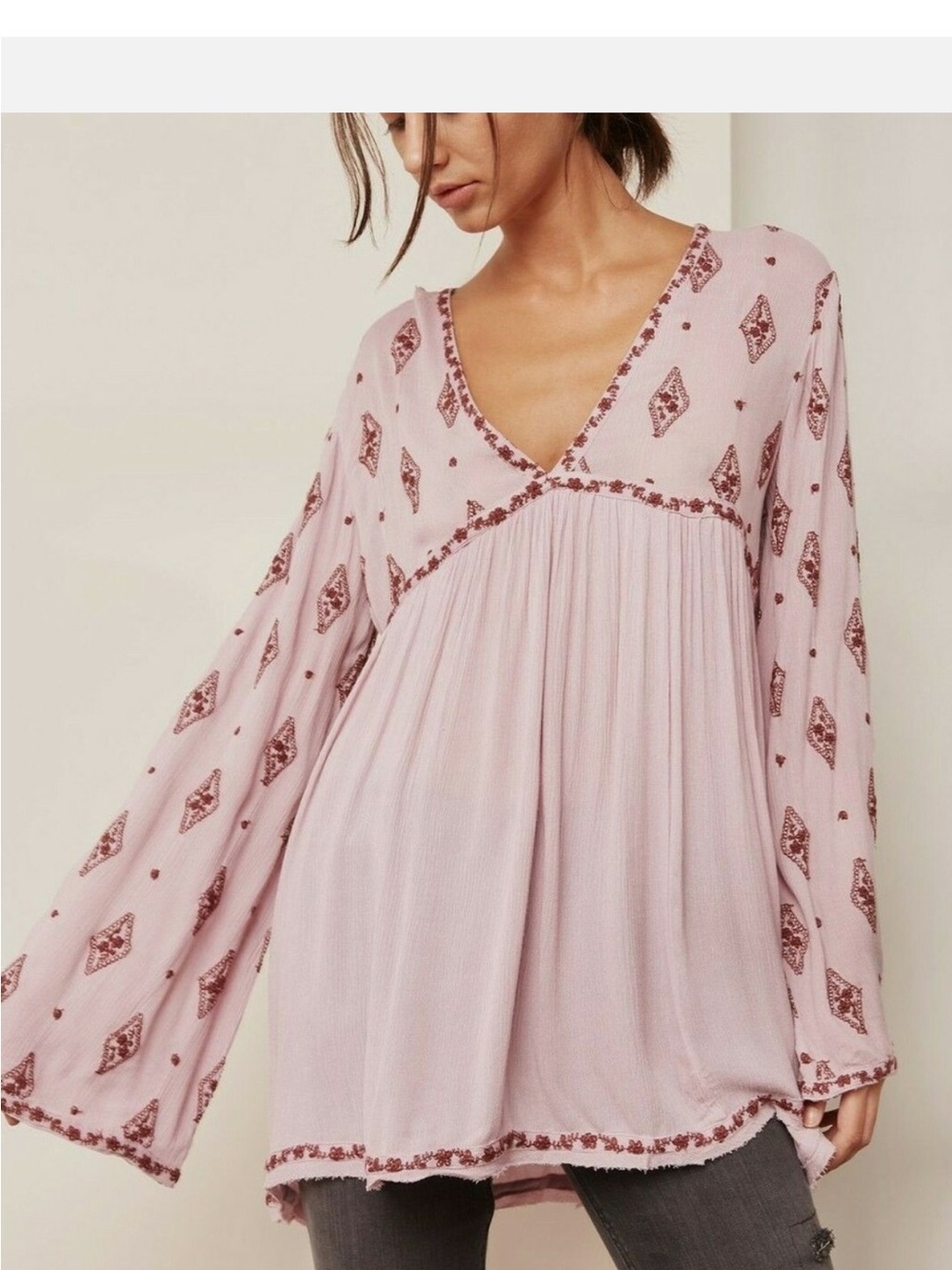 Boho Free People Embroidered V-Neck Women's Top-Size Large